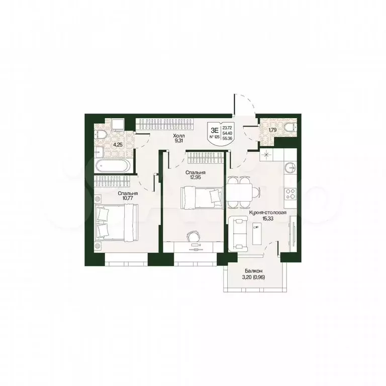 2-к. квартира, 55,4 м, 4/4 эт. - Фото 0
