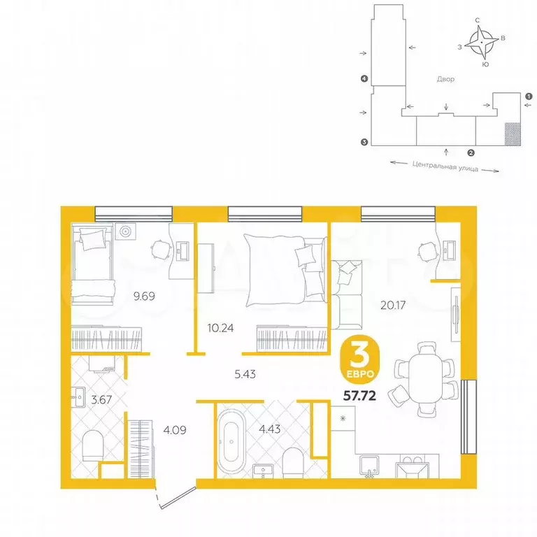 3-к. квартира, 57,7 м, 2/4 эт. - Фото 0