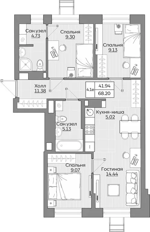 4-комнатная квартира: Казань, ЖК Батталовский (68.2 м) - Фото 1