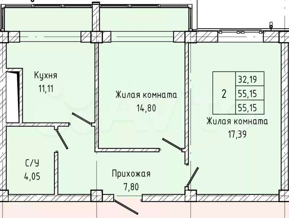 2-к. квартира, 55,2 м, 2/7 эт. - Фото 1