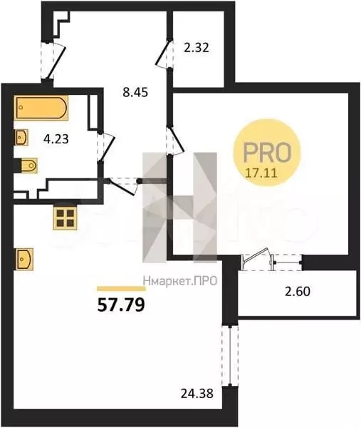 1-к. квартира, 58 м, 4/9 эт. - Фото 1