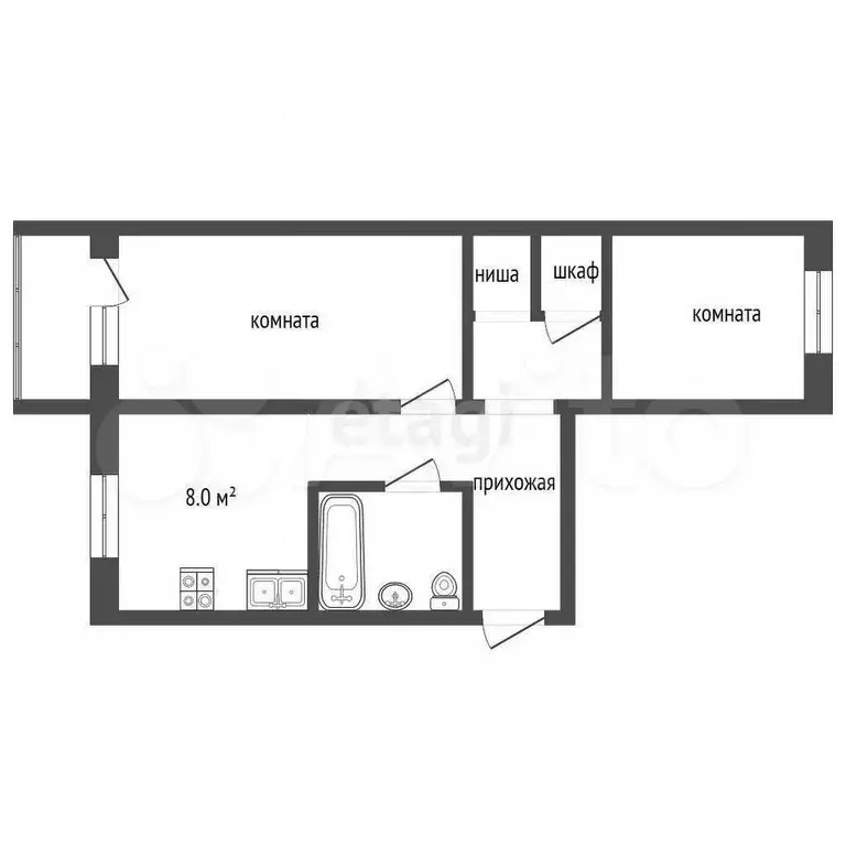 2-к. квартира, 44,5 м, 1/5 эт. - Фото 0