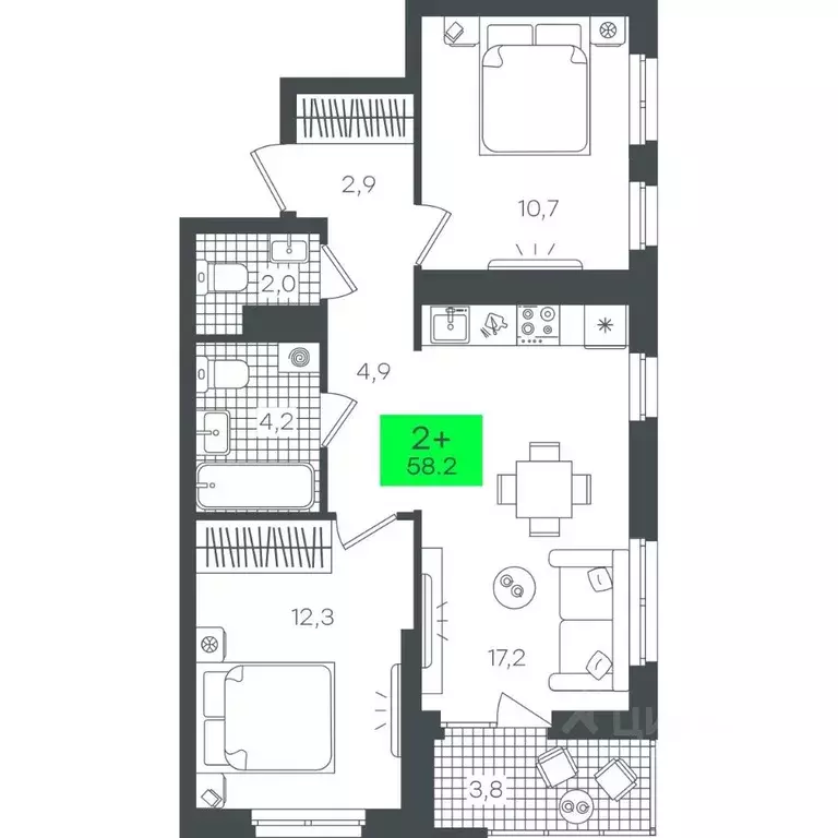 2-к кв. Тюменская область, Тюмень ул. Василия Малкова, 19 (58.29 м) - Фото 1