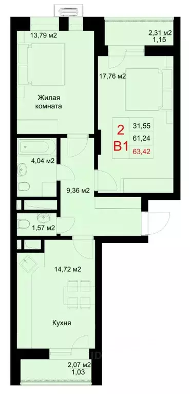 2-к кв. Татарстан, Казань ул. Рауиса Гареева, 78Б (63.42 м) - Фото 0