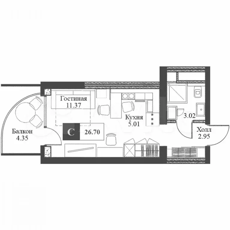Апартаменты-студия, 28,3 м, 16/16 эт. - Фото 0