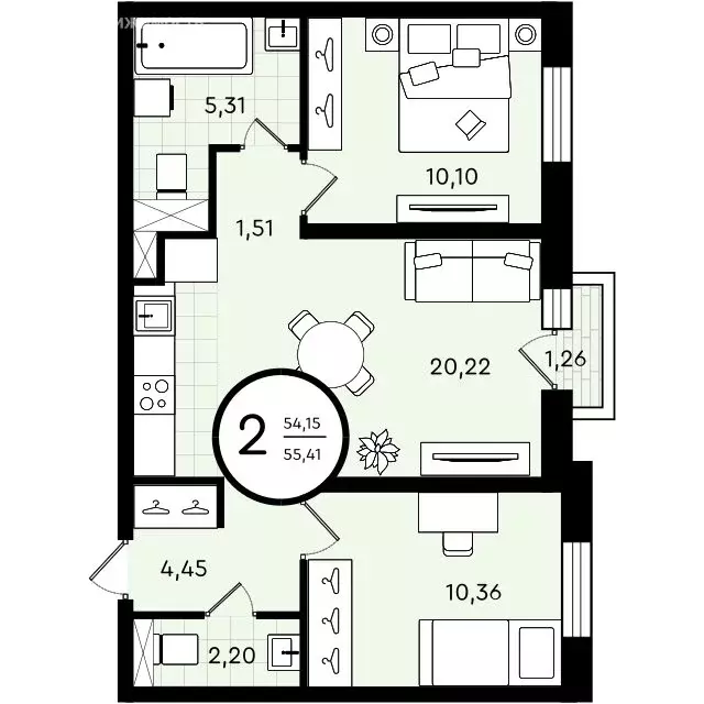2-комнатная квартира: Тюмень, улица Александра Звягина (55.41 м) - Фото 0