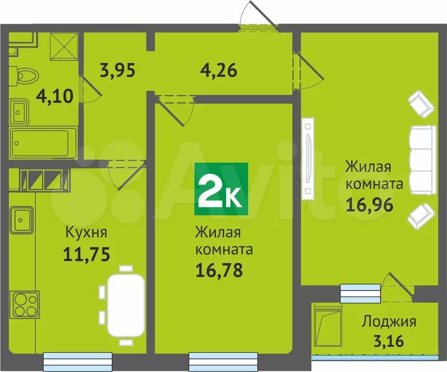 2-к. квартира, 61 м, 8/9 эт. - Фото 0