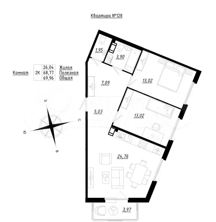 2-к. квартира, 70 м, 2/5 эт. - Фото 0