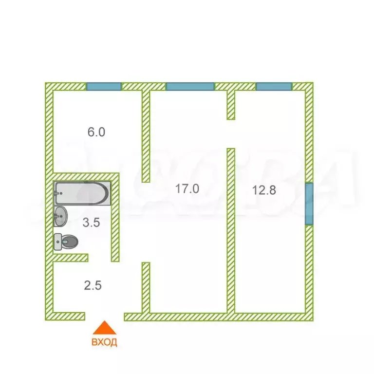 2-к. квартира, 41,6 м, 2/5 эт. - Фото 0