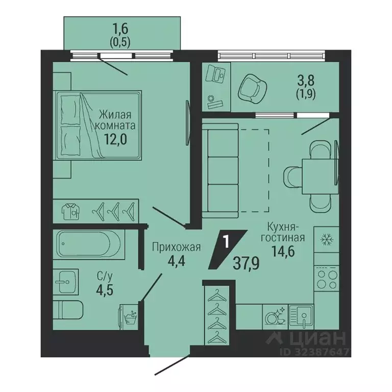 1-к кв. Свердловская область, Екатеринбург Вторчермет жилрайон,  (37.9 ... - Фото 2