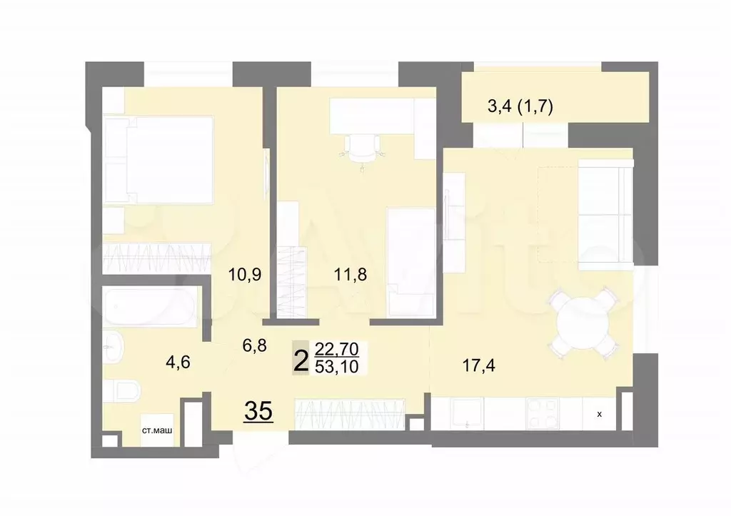 2-к. квартира, 53,1 м, 14/26 эт. - Фото 0