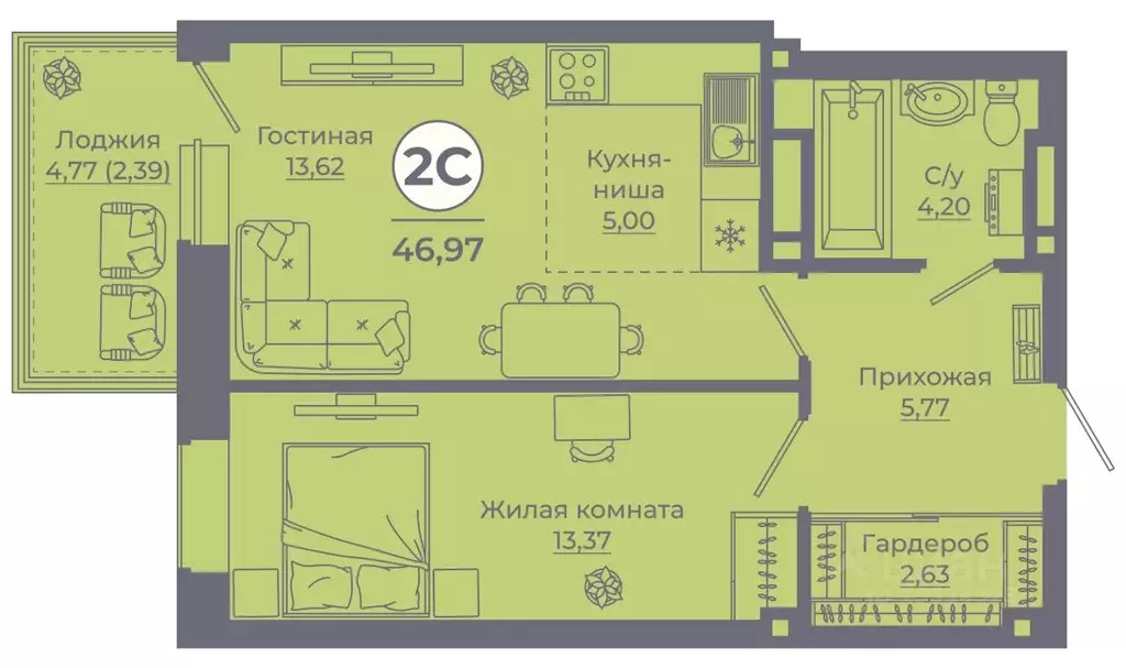 2-к кв. Ростовская область, Ростов-на-Дону ул. Еременко, 115 (46.97 м) - Фото 1