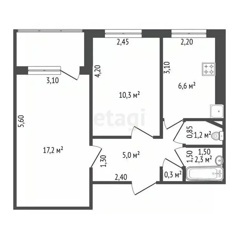 2-к кв. Башкортостан, Уфа Российская ул., 17/1 (45.0 м) - Фото 1
