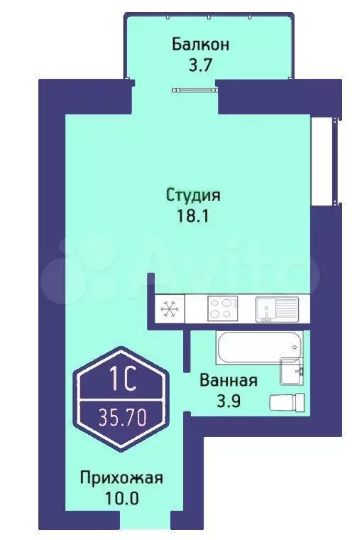 Квартира-студия, 35,7 м, 7/14 эт. - Фото 1