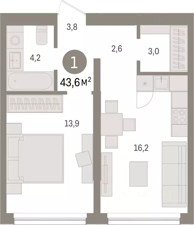 1-к кв. Тюменская область, Тюмень Мысовская ул., 26к1 (43.62 м) - Фото 0