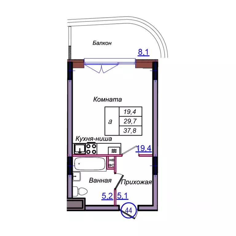 Студия Калининградская область, Светлогорск Балтийская ул. (37.8 м) - Фото 1