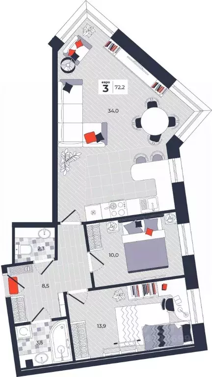 3-к кв. Тульская область, Тула ул. Академика Насоновой, 1А (72.2 м) - Фото 1