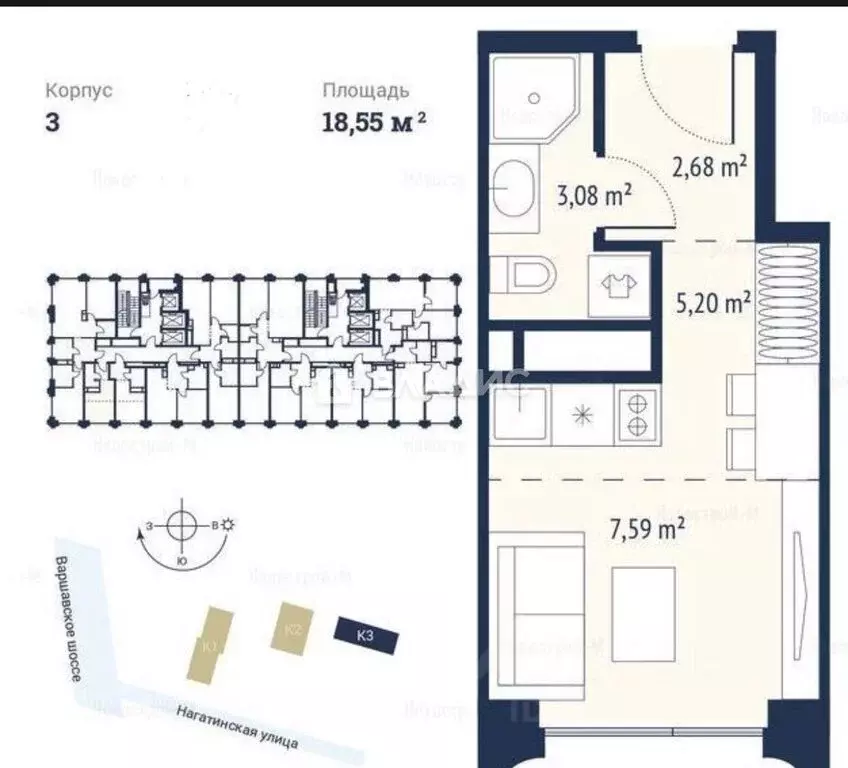 Квартира-студия: Москва, Нагатинская улица, к3вл1 (18.55 м) - Фото 0