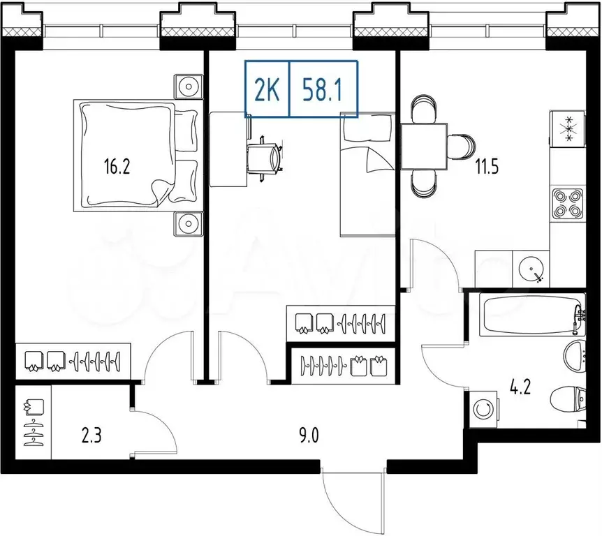 2-к. квартира, 58,1 м, 9/9 эт. - Фото 0