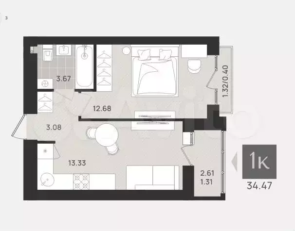 1-к. квартира, 34,5 м, 9/9 эт. - Фото 1