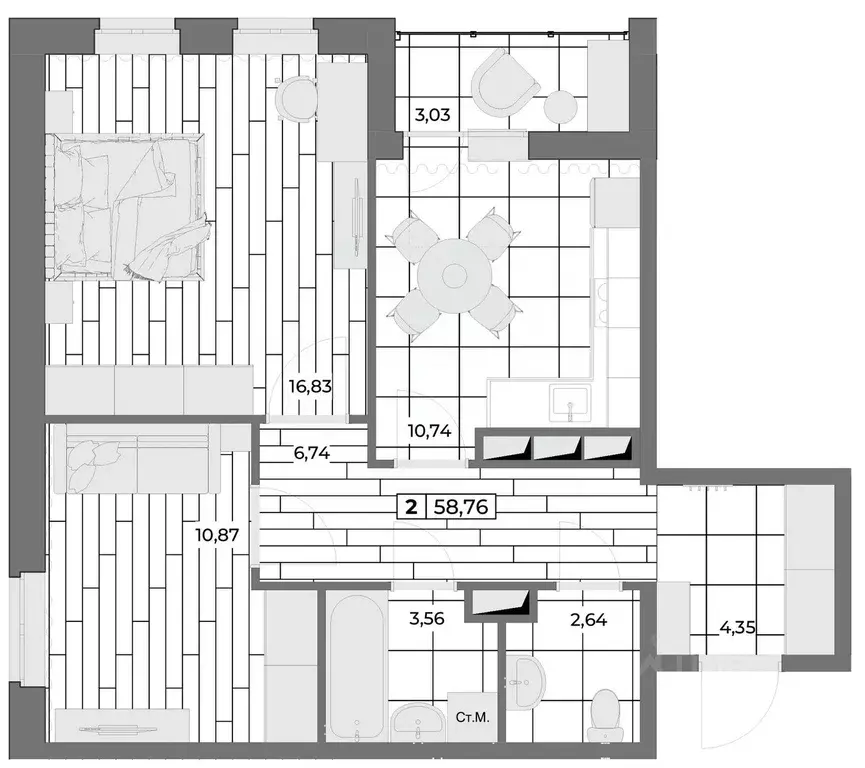2-к кв. Орловская область, Орел Мясокомбинат мкр,  (57.25 м) - Фото 0