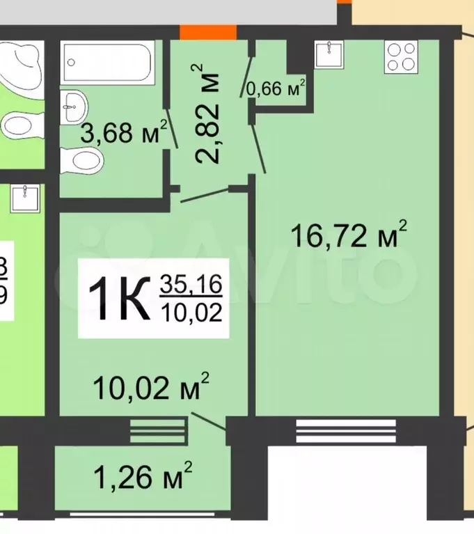1-к. квартира, 36,1 м, 9/9 эт. - Фото 0