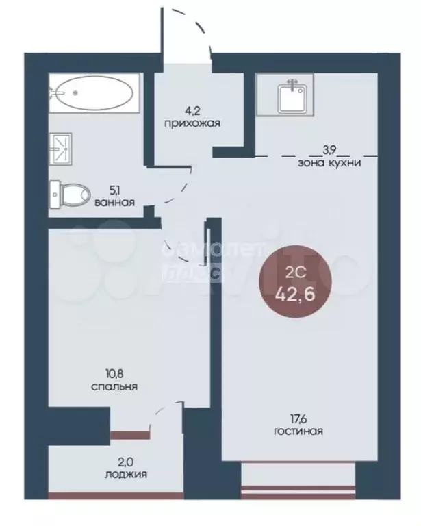 2-к. квартира, 42,6 м, 1/7 эт. - Фото 0