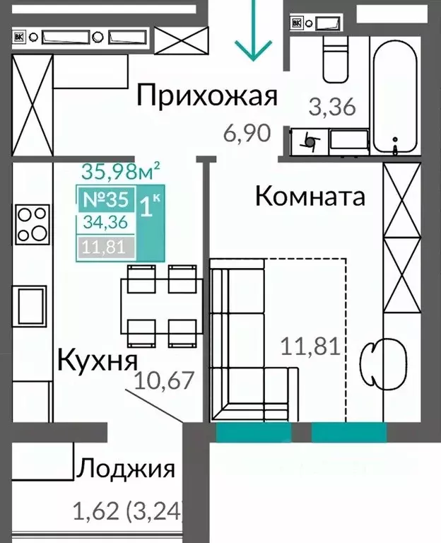 1-к кв. Крым, Симферополь ул. Александра Захарченко (34.36 м) - Фото 0