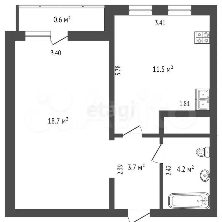 1-к. квартира, 38,1 м, 6/6 эт. - Фото 1