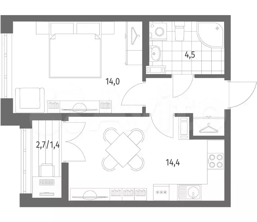 1-к. квартира, 38,5 м, 8/9 эт. - Фото 0