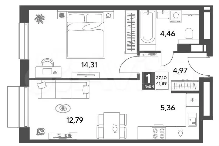 1-к. квартира, 41,9 м, 8/9 эт. - Фото 0