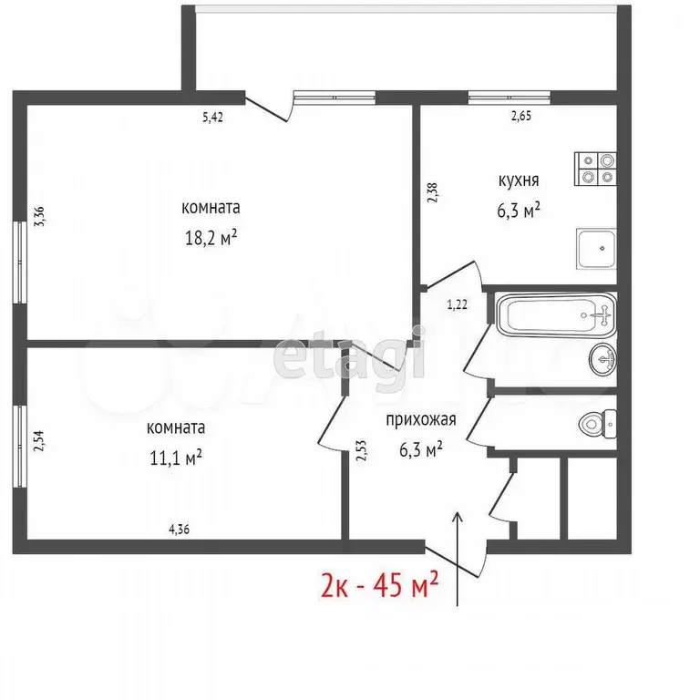 2-к. квартира, 45,9 м, 8/12 эт. - Фото 0
