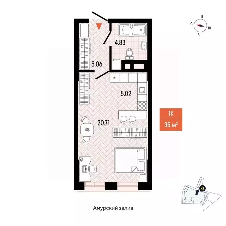 1-к кв. Приморский край, Владивосток просп. 100-летия Владивостока, ... - Фото 2