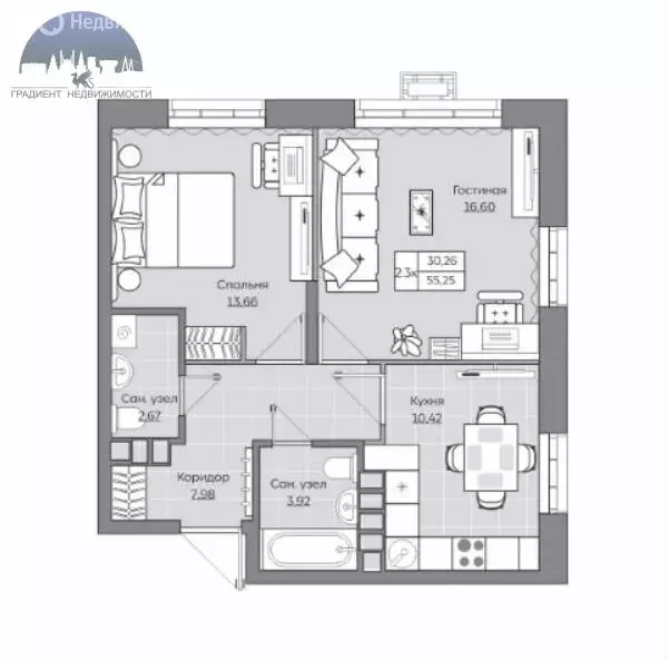 2-комнатная квартира: Казань, улица Ярышлар, 8 (54.8 м) - Фото 1