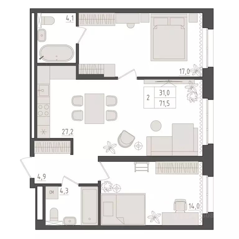 2-к кв. Башкортостан, Уфа 563-й кв-л,  (71.5 м) - Фото 0