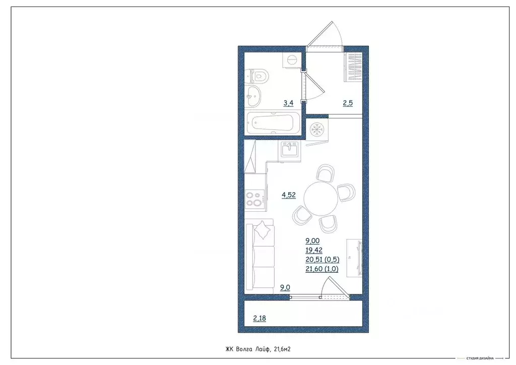 Студия Тверская область, Тверь Новочеркасская ул., 49 (21.6 м) - Фото 2