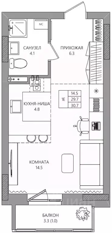 Студия Пермский край, Пермь Парковый просп., 36В (30.7 м) - Фото 0