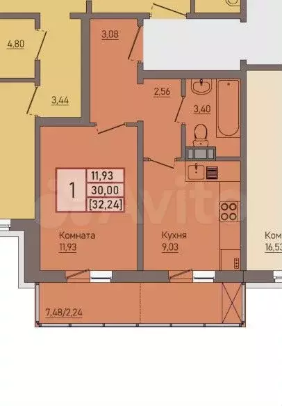 1-к. квартира, 32 м, 8/18 эт. - Фото 0