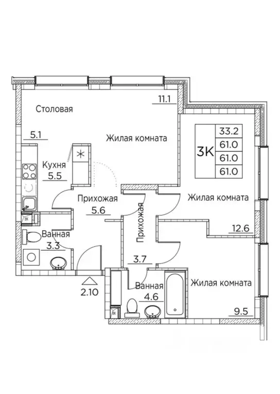 3-к кв. Приморский край, Владивосток ул. Расула Гамзатова, 7к3 (61.0 ... - Фото 0