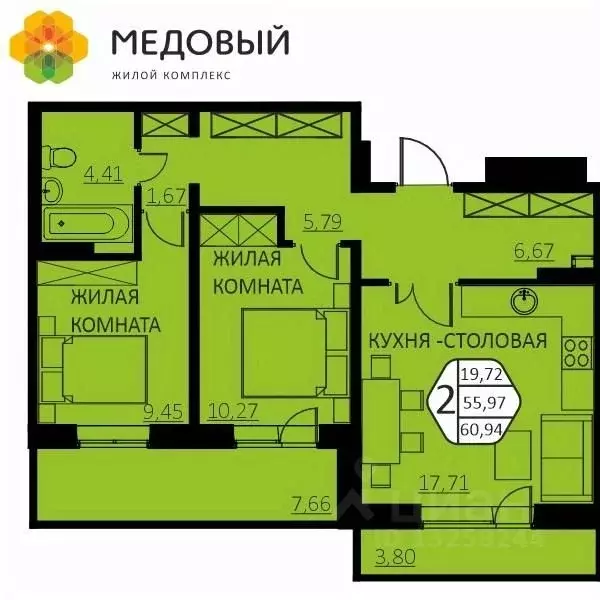 2-к кв. Пермский край, д. Кондратово ул. Г.Н. Нифантова, 4Б (60.94 м) - Фото 0