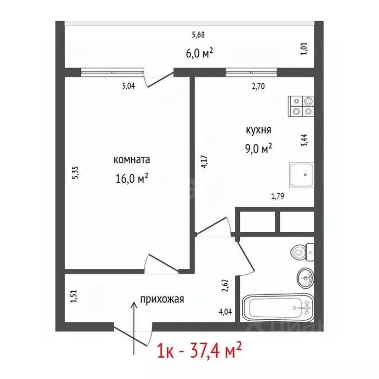 1-к кв. Свердловская область, Екатеринбург просп. Седова, 53 (37.4 м) - Фото 2