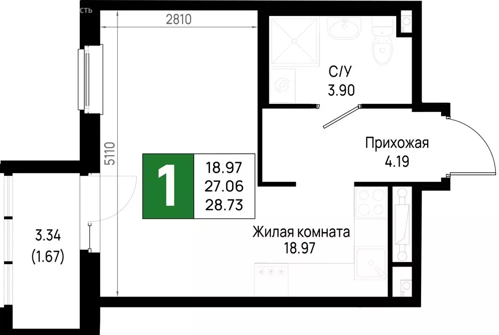 1-комнатная квартира: Новосаратовка, ЖК Имена (28.73 м) - Фото 1