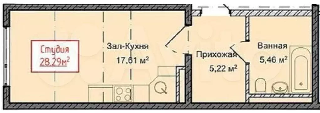 Квартира-студия, 28,3 м, 9/13 эт. - Фото 1