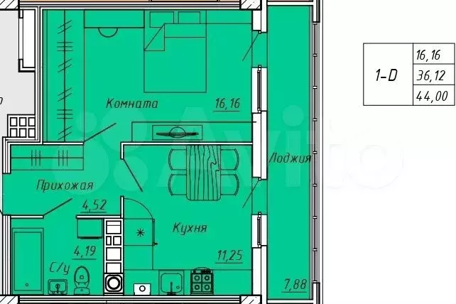 1-к. квартира, 44 м, 3/9 эт. - Фото 0