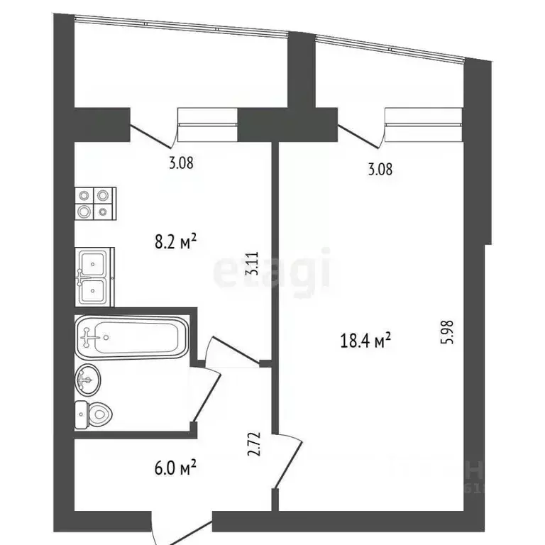 1-к кв. Омская область, Омск ул. Дианова, 24/1 (35.9 м) - Фото 2