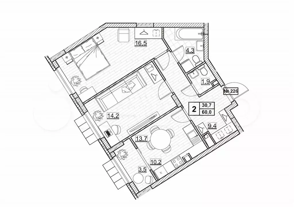2-к. квартира, 60 м, 4/24 эт. - Фото 0