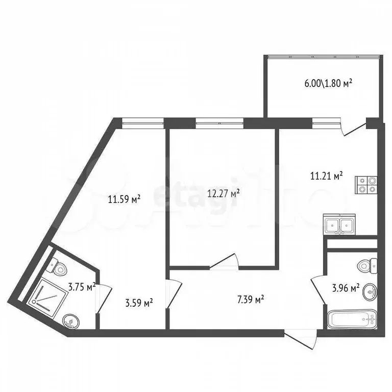 2-к. квартира, 53,4 м, 8/8 эт. - Фото 1