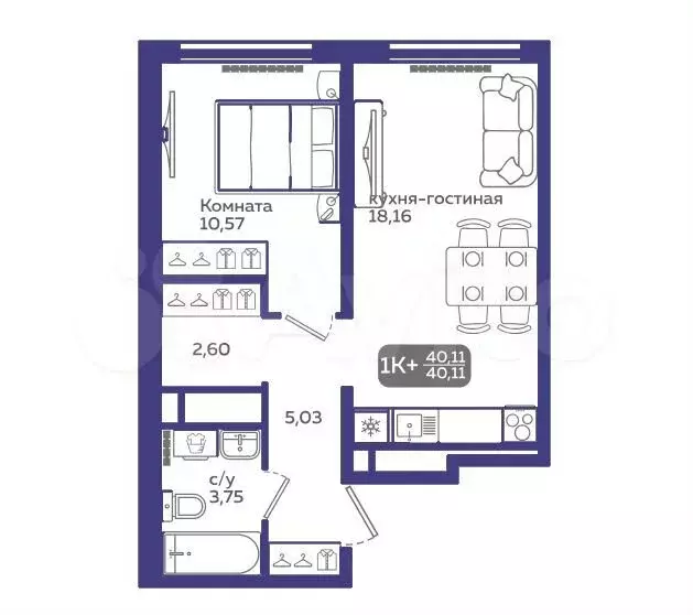 1-к. квартира, 40,1 м, 19/21 эт. - Фото 1