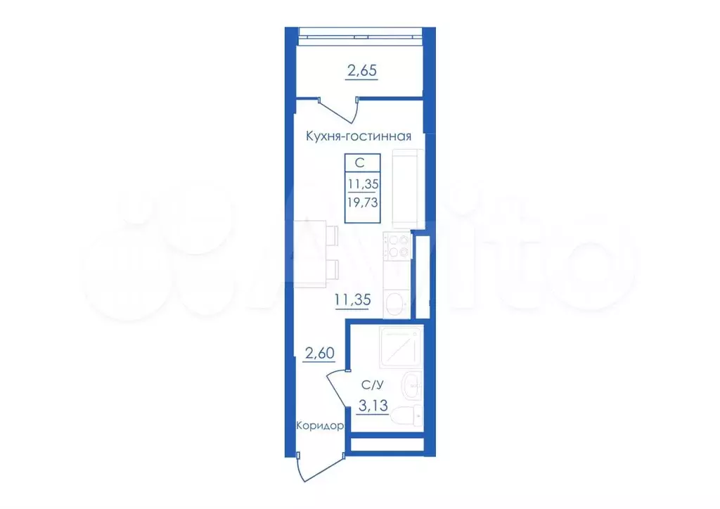 Квартира-студия, 19,7 м, 9/25 эт. - Фото 1