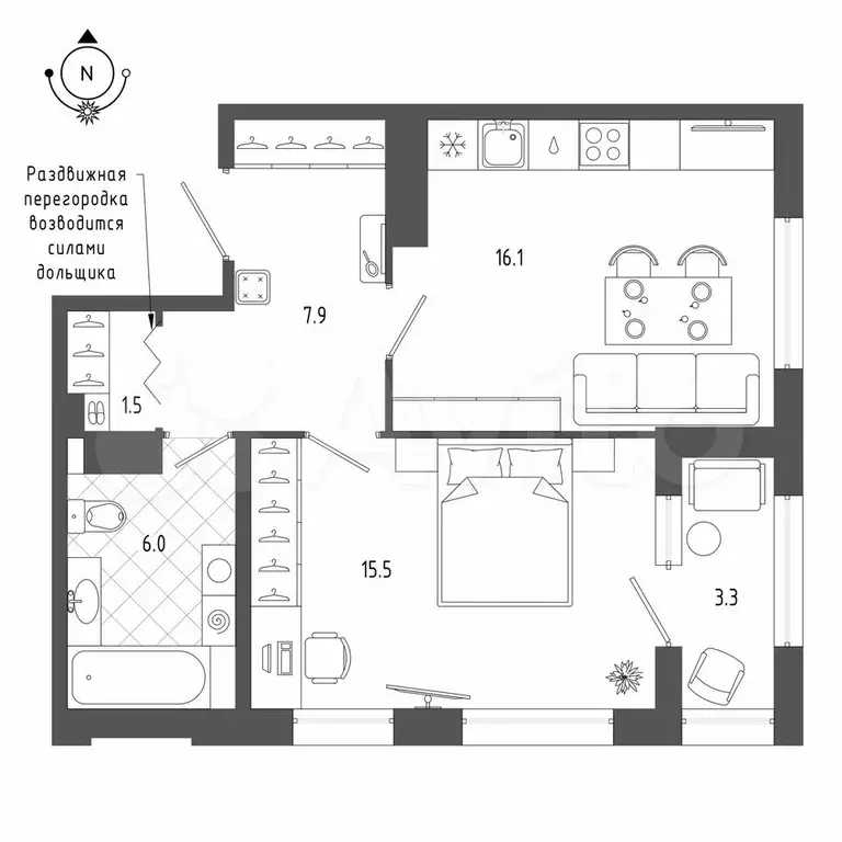1-к. квартира, 48,7 м, 8/8 эт. - Фото 0